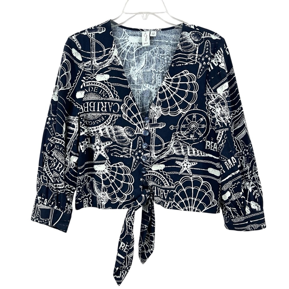 NWOT Joie Button Up Tie Front V-neck Long Balloon Sleeve Nautical Linen Crop Top